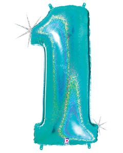 LRG SHP NUMBER 1 ROBIN'S EGG GLITTER MEGALOON 34"(HOLO)(PKG)