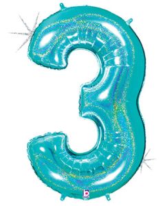 LRG SHP NUMBER 3 ROBIN'S EGG GLITTER MEGALOON 34"(HOLO)(PKG)