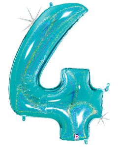 LRG SHP NUMBER 4 ROBIN'S EGG GLITTER MEGALOON 34"(HOLO)(PKG)