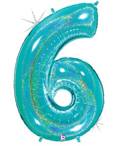 LRG SHP NUMBER 6 ROBIN'S EGG GLITTER MEGALOON 34"(HOLO)(PKG)