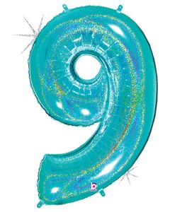 LRG SHP NUMBER 9 ROBIN'S EGG GLITTER MEGALOON 34"(HOLO)(PKG)