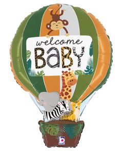 LRG SHP WELCOME BABY HOT AIR BALLOON JUNGLE ANIMAL 30" (PKG)