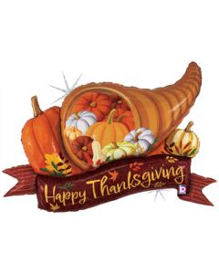 LRG SHP THANKSGIVING GLITTER CORNUCOPIA BANNER 37" HOLO(PKG)