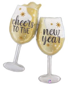 LRG SHP SATIN CHEERS TO NEW YEAR CHAMPAGNE 42" (PKG)