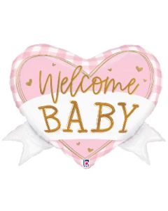 LRG SHP GINGHAM BABY HEART BANNER PINK 28" (PKG)