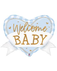 LRG SHP GINGHAM BABY HEART BANNER BLUE 28" (PKG)