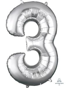 LRG SHP NUMBER 3 SILVER ANAGRAM 34" (PKG)