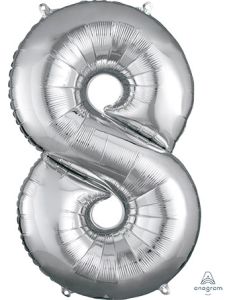 LRG SHP NUMBER 8 SILVER ANAGRAM 34" (PKG)