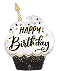 LRG SHP HB SATIN BLACK SILVER GOLD BIRTHDAY WISHES 29" (PKG)